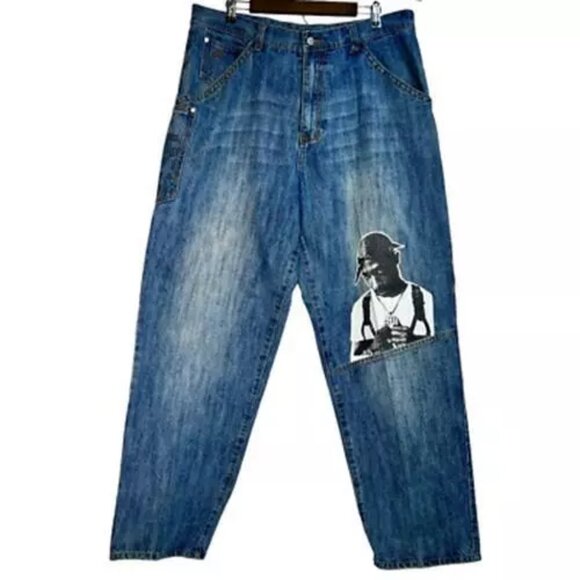 Vintage Y2K Makaveli Tupac Mens Straight Baggy Skater Jeans Blue Pants 38x33